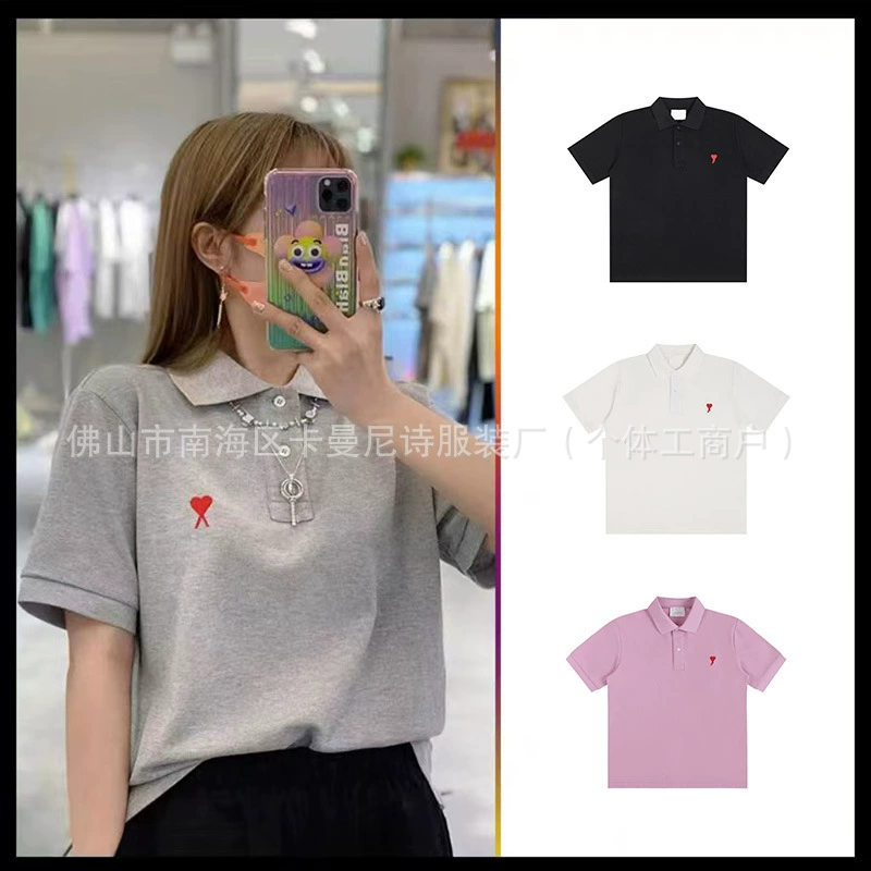 am* повседневная свободная универсальная рубашка-поло из чистого хлопка с короткими рукавами и вышивкой маленького сердца, модный брендовый бренд с половиной рукавов для мужчин и женщин