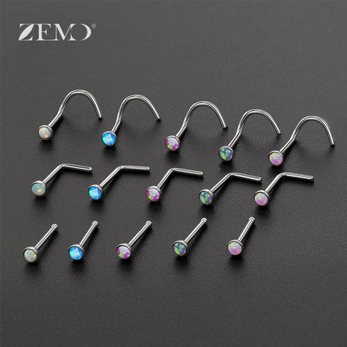 Cross-border hot selling personalized Opal nose nail piercing, Haoshi nose ring 316L stainless steel straight rod nose piercing jewelry