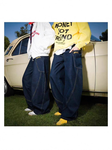 Korean retro design large pocket machete work jeans men's fashion brand plaid wide-leg mop casual pants
