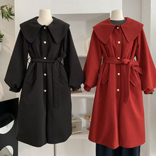 欧玛莱 中长款娃娃领加棉加厚毛呢外套收腰系带灯笼袖大衣女 5559