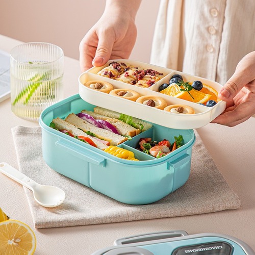 New plastic lunch box food-grade plastic divided bento box with independent three compartments, vegetable salad, high-end lunch box
