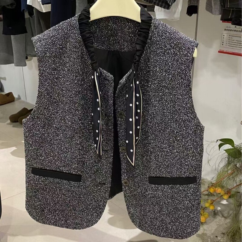 法式小香风领口配丝巾马甲外套女2025早秋新款拼色叠穿坎肩上衣潮|undefined