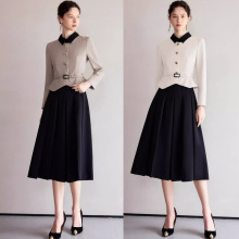 AD职场套装2025新款女装秋冬名媛小香风假两件拼色翻领西装连衣裙