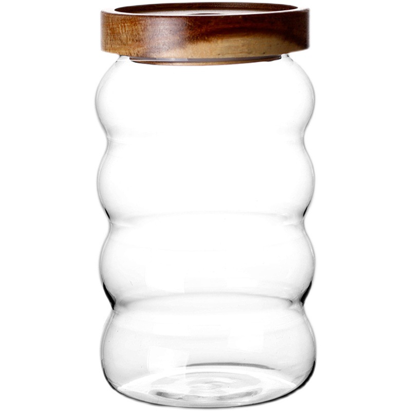 Fábrica al por mayor de madera de acacia cubierta de vidrio a rayas tarro de té hogar granos de frutas secas frascos de almacenamiento de granos de café