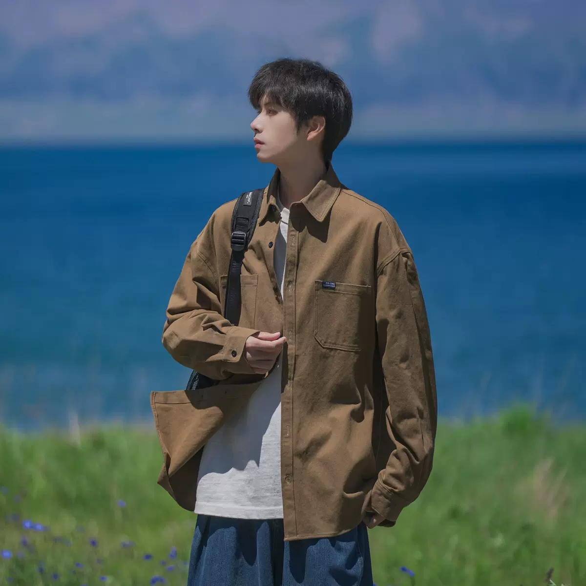 港仔文艺男黑色工装长袖衬衫男春季休闲男生内搭衬衣男装外套男款