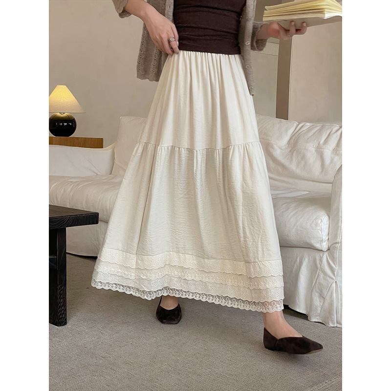 [Stray Poet] Goming French-style retro lace trim midi skirt, women's new spring collection, N693B