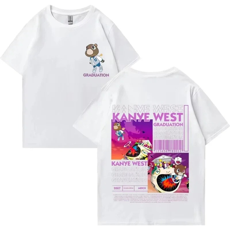 2025 Kanye West Graduation Bear Double-Sided Printed T-Shirt for Men and Women, Fashionable Hip-Hop Cool Top, Short-Sleeved, Unisex