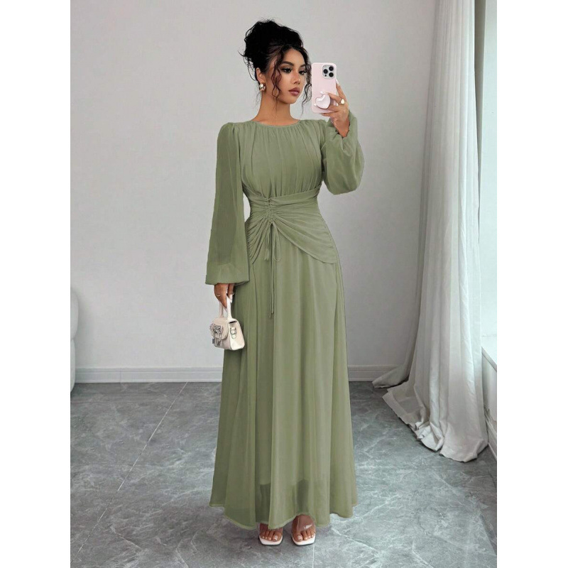 Cross-Border Amazon European and American Summer Romantic and Elegant Casual Vacation Round-Neck Pleated Drawstring A-Line Long-Sleeved Dress Cross-Border Amazon European and American Summer Romantic and Elegant Casual Vacation Round-Neck Pleated Drawstring A-Line Long-Sleeved Dress
