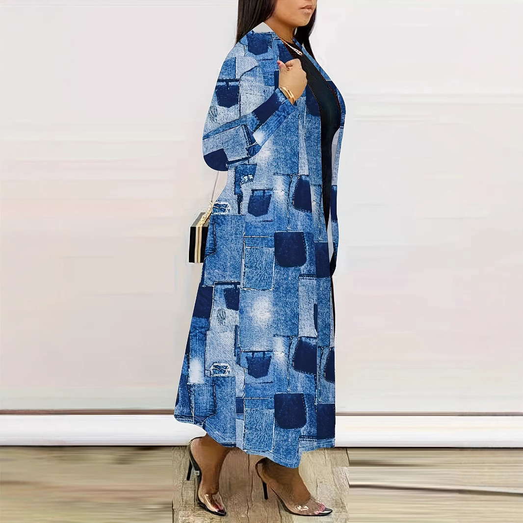Giacca a vento lunga da donna con stampa denim - Giacca blu versatile senza collo con chiusura a zip integrale_voghion.com