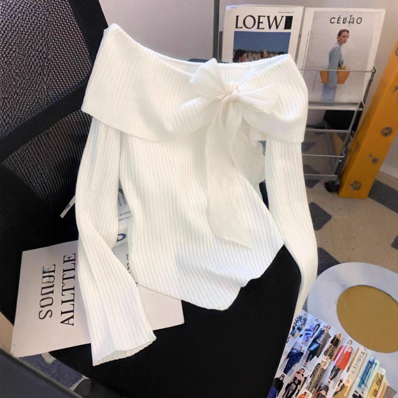 Cross-Border French Design Off-Shoulder Bow Long-Sleeve T-Shirt Early Autumn New Slim-Fit Base Top