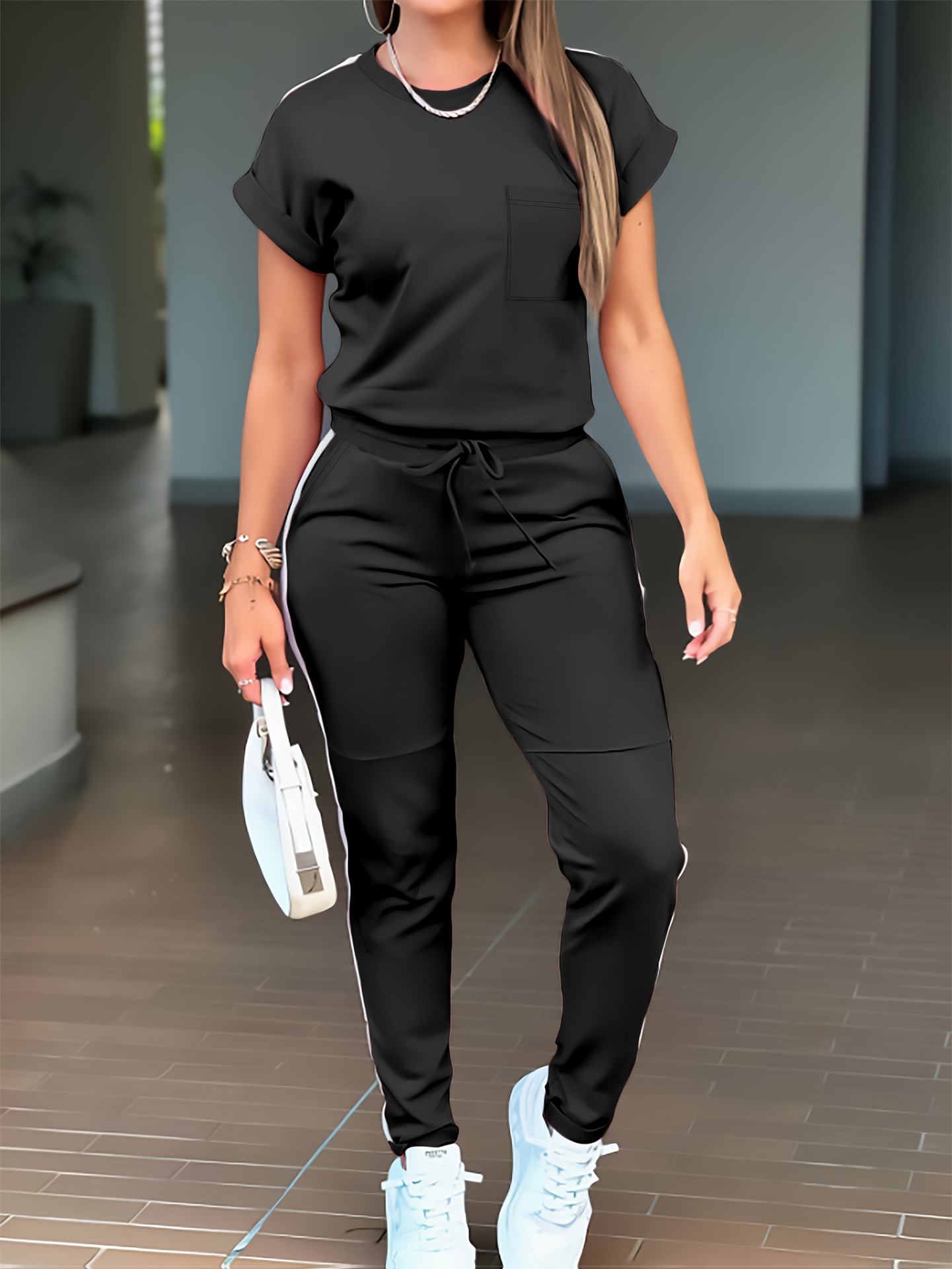 Damen Freizeit-set Kurzarm T-shirt Und Hose Mit Taschen_voghion.com