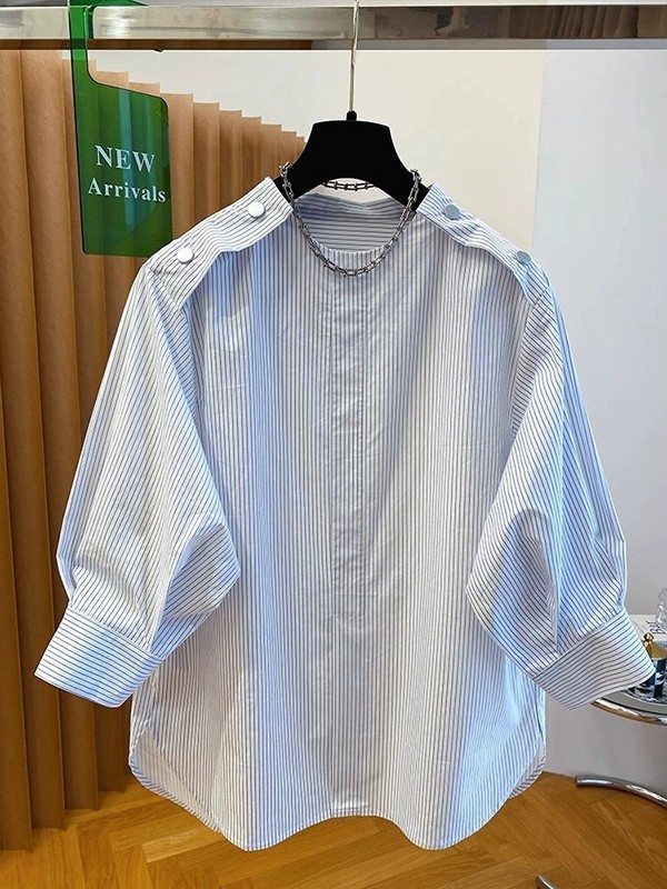浅蓝色条纹衬衫女装2025新款早秋宽松百搭圆领套头中袖七分袖上衣|undefined