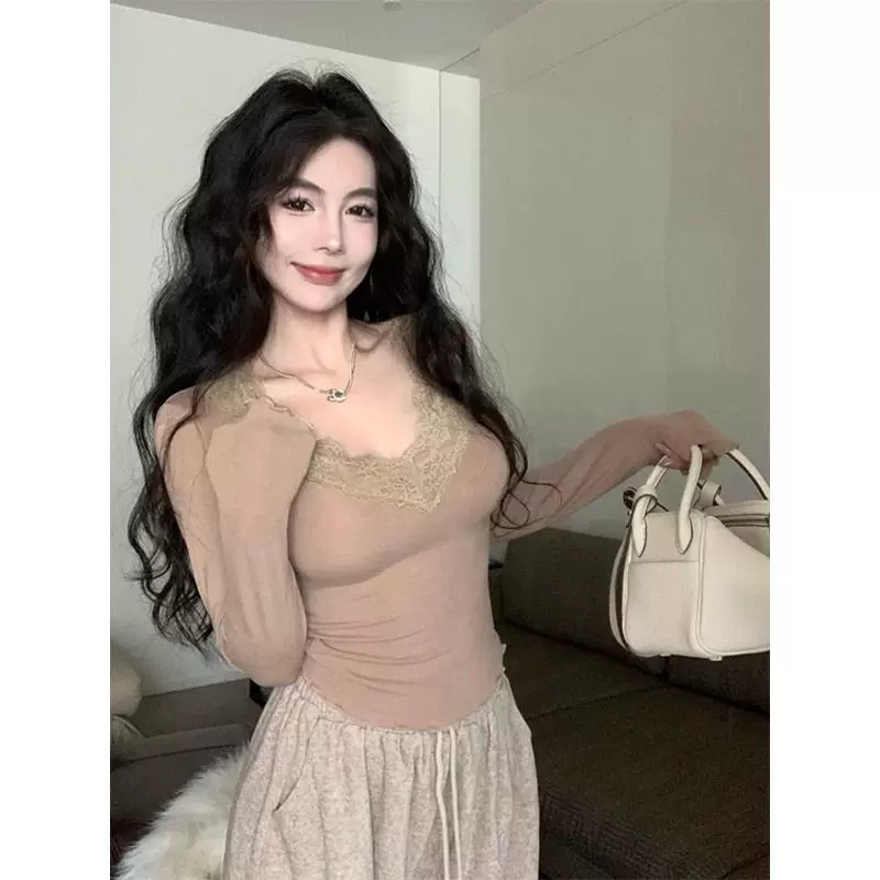 加工定制可加刺绣印花纯欲蕾丝V领打底T恤女秋冬修身显瘦弹力内搭