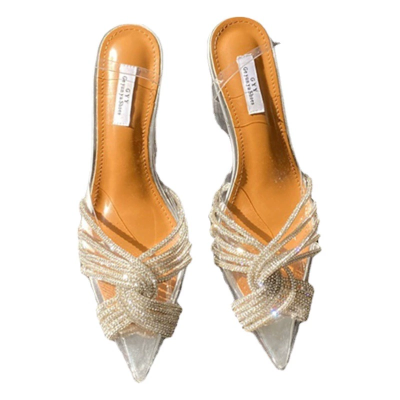Маленькие сандалии во французском стиле на тонком каблуке, серебряная оптовая продажа с фабрики, сексуальные модные прозрачные высокие каблуки со стразами и неглубоким открытым носком.