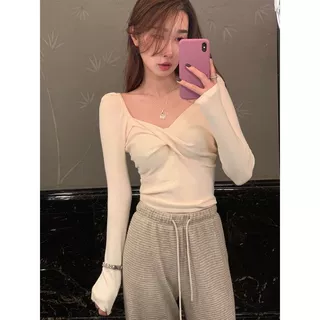 【螺纹德绒】纯欲甜辣妹V领长袖打底衫女秋冬修身设计感上衣内搭