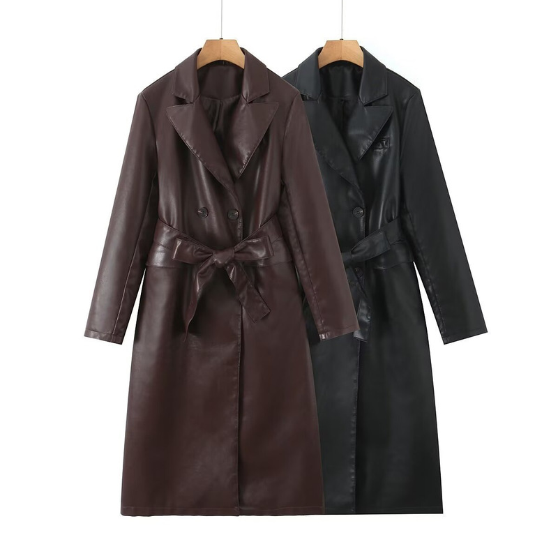 Spring and Autumn New PU Leather Elegant 2026 Fashion Lapel Long Trench Coat Loose Women's Style with Tie Spring and Autumn New PU Leather Elegant 2026 Fashion Lapel Long Trench Coat Loose Women's Style with Tie