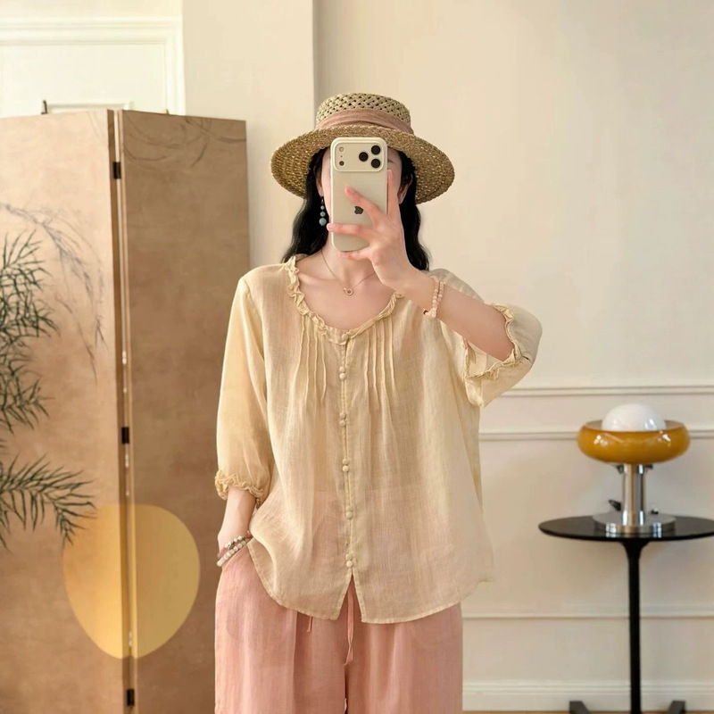 Vintage Artistic Pure Ramie Lace Collar Three-Quarter Sleeve Shirt 2026 New Loose Pleated Single-Breasted Women's Top