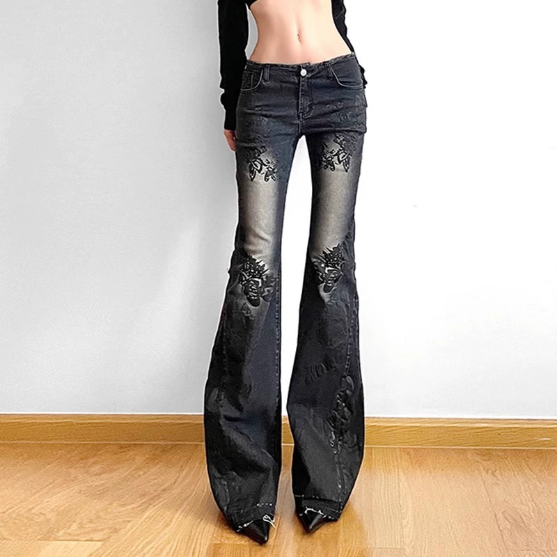 Джинсы в моде Spice Girl Print distressed low-rise, стрейчевые джинсы в ретро стиле, для подчёркнутого субкультурного образа