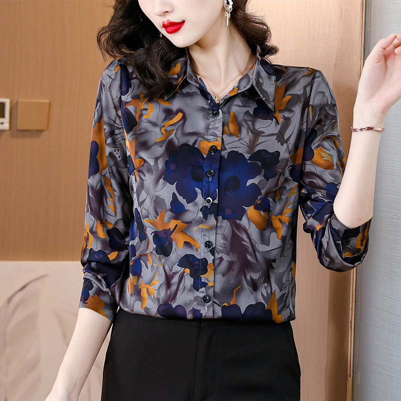 Versatile Women's Floral Shirt Fashion High-End Silk Printed Stylish Blouse Mulberry Silk Texture Top