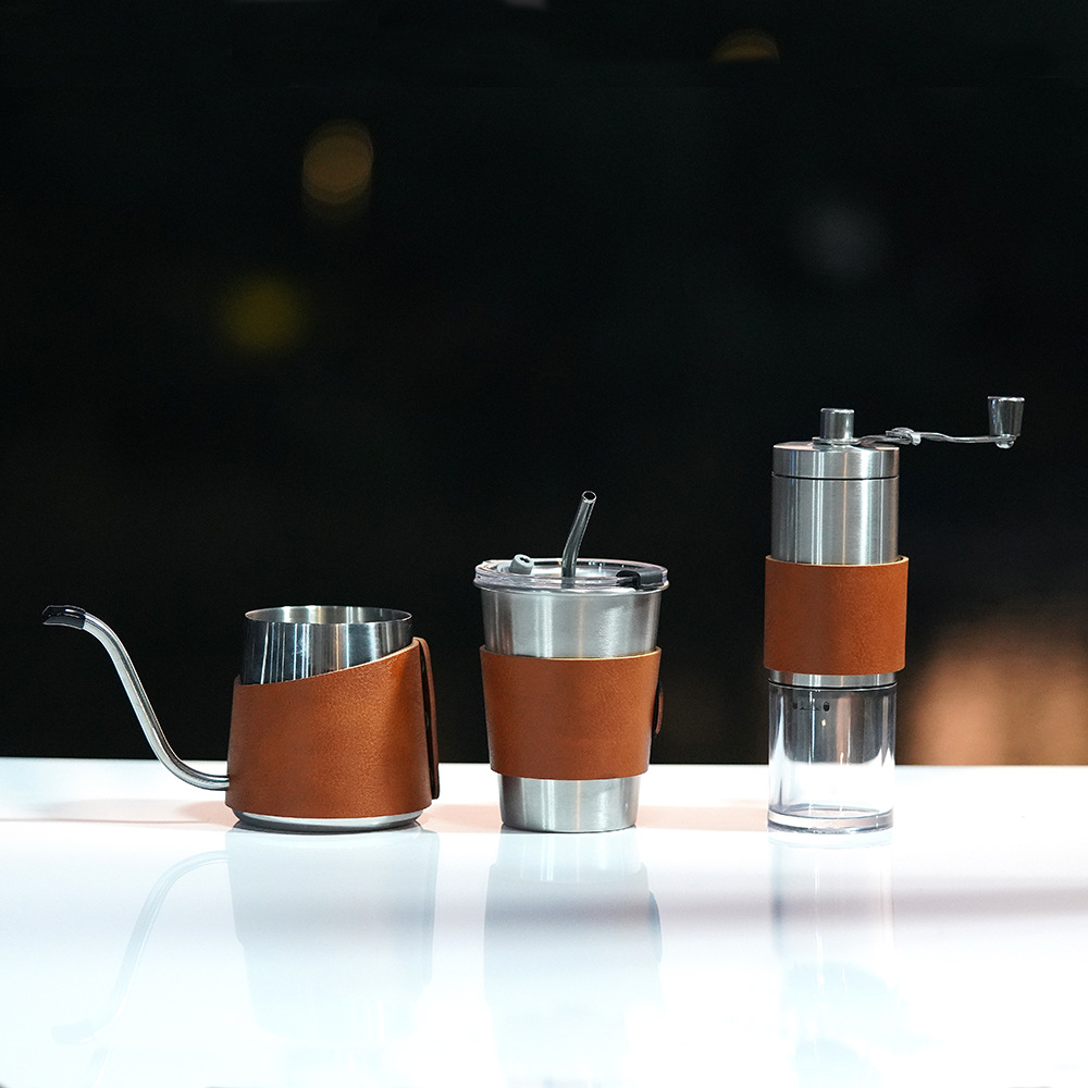 Conjunto de café de cuero de alta calidad, caja de regalo, taza de café, caja de regalo de negocios, molinadora de frijoles de mano