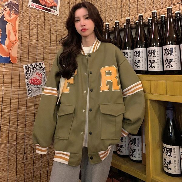 春秋美式棒球服宽松大码爆款小众字母上衣慵懒风毛呢外套女ins潮|undefined