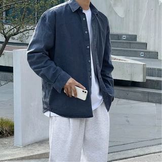 MYQ水洗牛仔衬衫男长袖秋季新款宽松休闲上衣韩版牛仔衬衣外套
