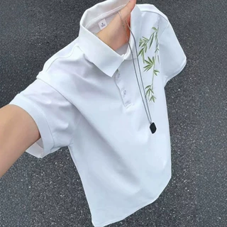 白色青竹刺绣polo衫短袖男夏季cleanfit高级感正肩t恤冰丝半截袖