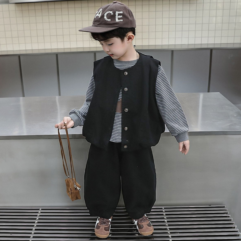 男童秋装套装2025新款儿童帅气时髦宝宝春秋季马甲三件套男孩衣服|undefined