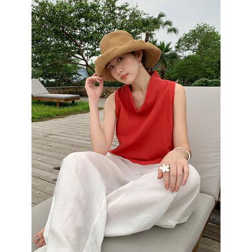 Wanwei Design Sense Pile Neck Sleeveless Top Women's Summer 2024 Swinging Neck Back Lacework Ramie Vest P1668 