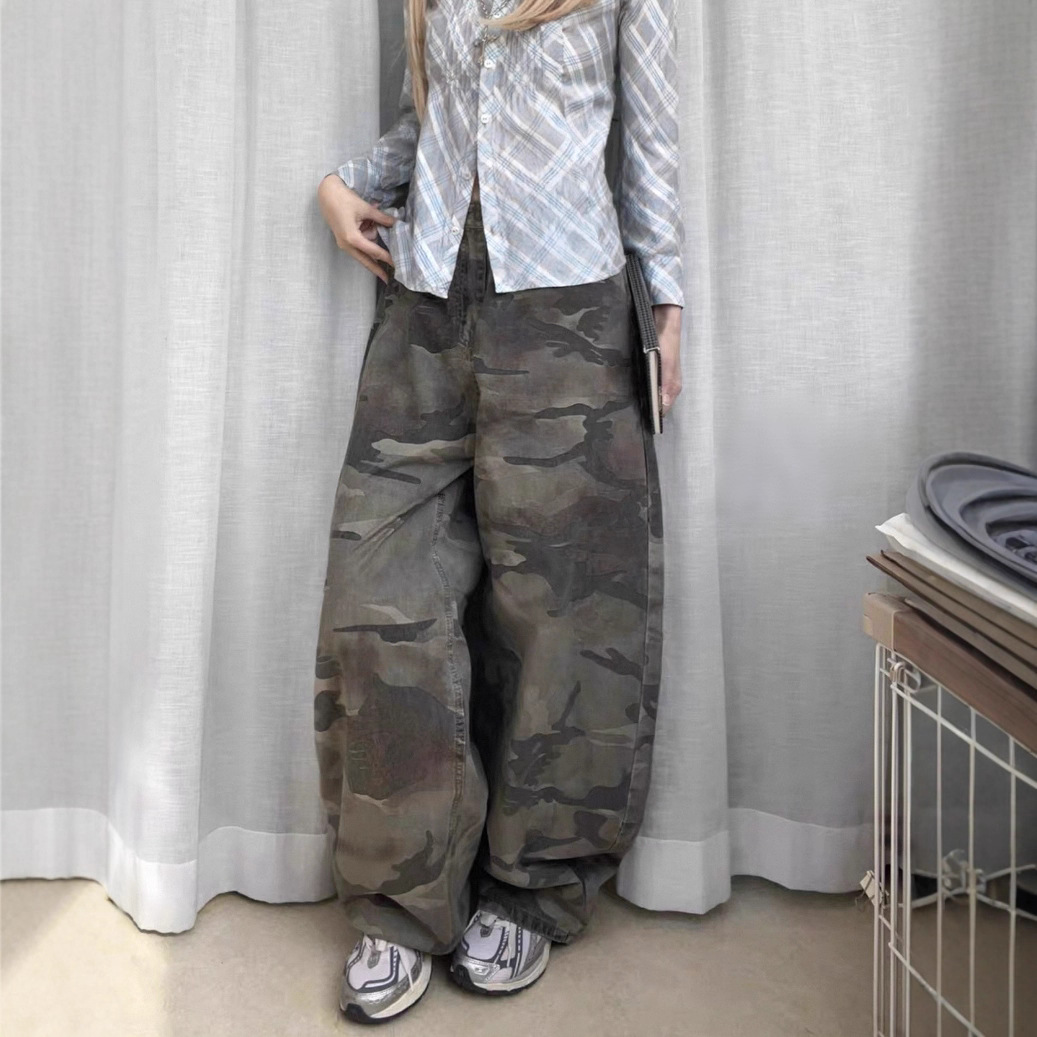 Fansiyu 2025 여름 신작 미국 복고풍 위장 작업복 청바지 여성용 하이 웨이스트 루즈 와이드 레그 바닥 길이 바지
