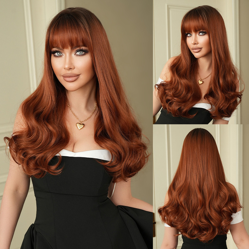 High-Quality Copper Brown Wavy Wig for Women, Long Curly Hair, Full Head, Round Face, Internet Celebrity Style, Bangs, Fluffy Full Wig Set