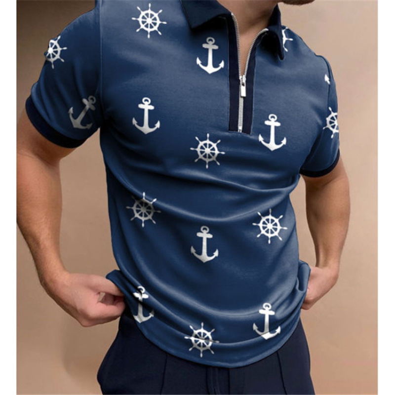 Camiseta Polo con Cierre de Solapa y Estampado Geométrico para Hombre, Estilo Europeo y Americano, Camiseta de Manga Corta de Verano para Hombre, Estilo Moderno Europeo y Americano 2025