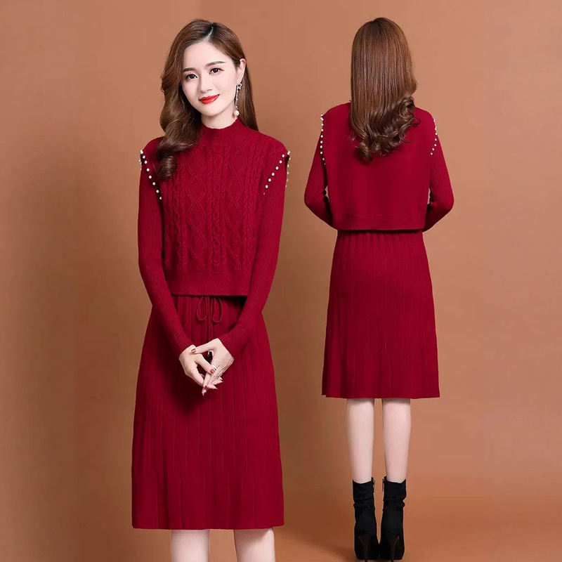 Lady's Long-Sleeved Knitted Two-Piece Suit Dress for Women, Early Autumn and Winter Style, with Coat and Sweater Skirt