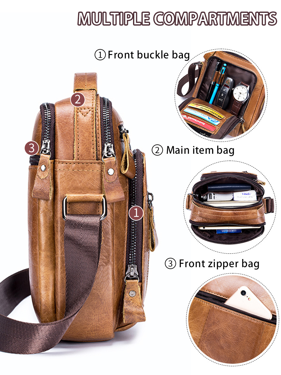 Bolso Bandolera de Piel de Vaca para Hombre, Piel de Vaca de Primera Capa, Multifuncional, para Trabajo