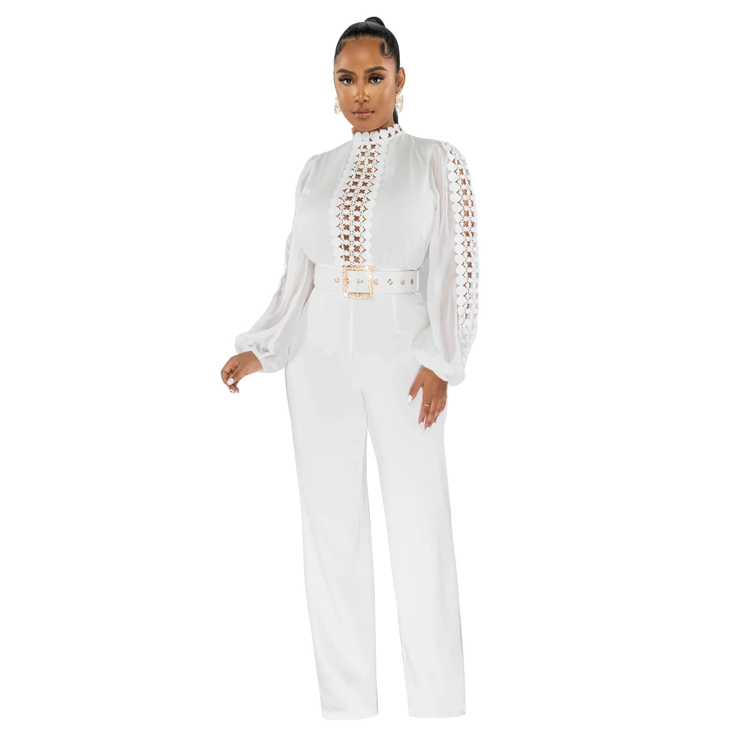 X6345 AliExpress Amazon moda europea y americana de encaje hueco color sólido manga larga pantalones jumpsuit