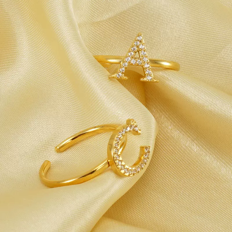 欧美钛钢镶钻26英文字母戒指女简约时尚不锈钢开口可调节指环批发