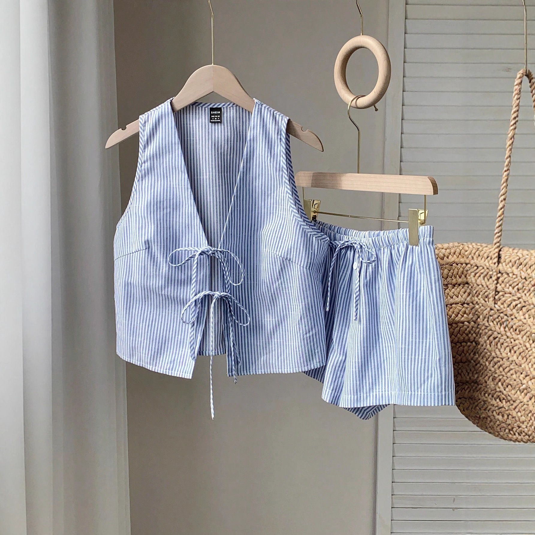 夏季纯色条纹套装休闲系带百搭背心宽松系带纯色长裤休闲甜美套装