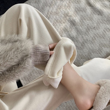 秋冬加厚加绒阔腿裤修身显瘦抽绳高腰直筒裤垂坠感长裤百搭休闲裤