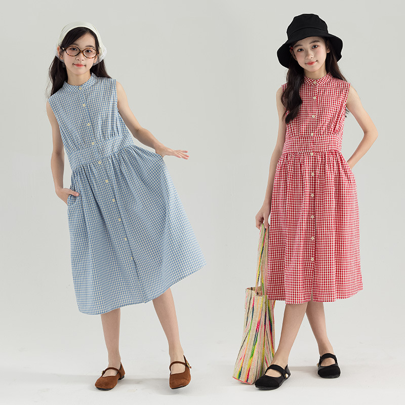 Girls' Plaid Sleeveless dress Summer New Style Mid-Large Children's Single-breasted Small Vertical Collar Slim-fit Stylist Skirt Ins