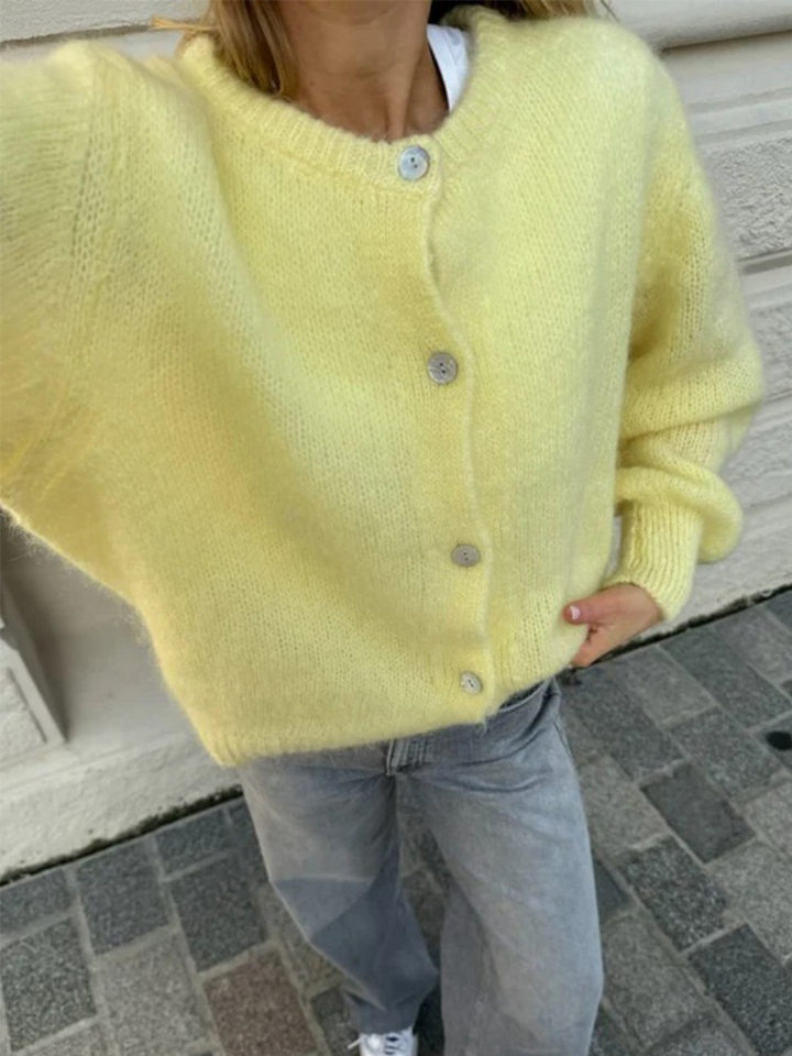 Áo cardigan len dệt kim dáng mỏng nhẹ cài nút một hàng, tay dài cổ tròn nữ — hoa hồng đỏ, màu be, màu cam, màu hoa cà chi tiết 10