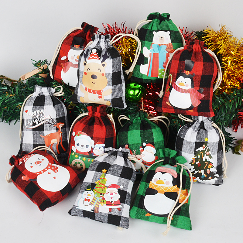 新款圣诞格子棉布袋抽绳圣诞节糖果礼盒包装袋降临日历小布袋批发