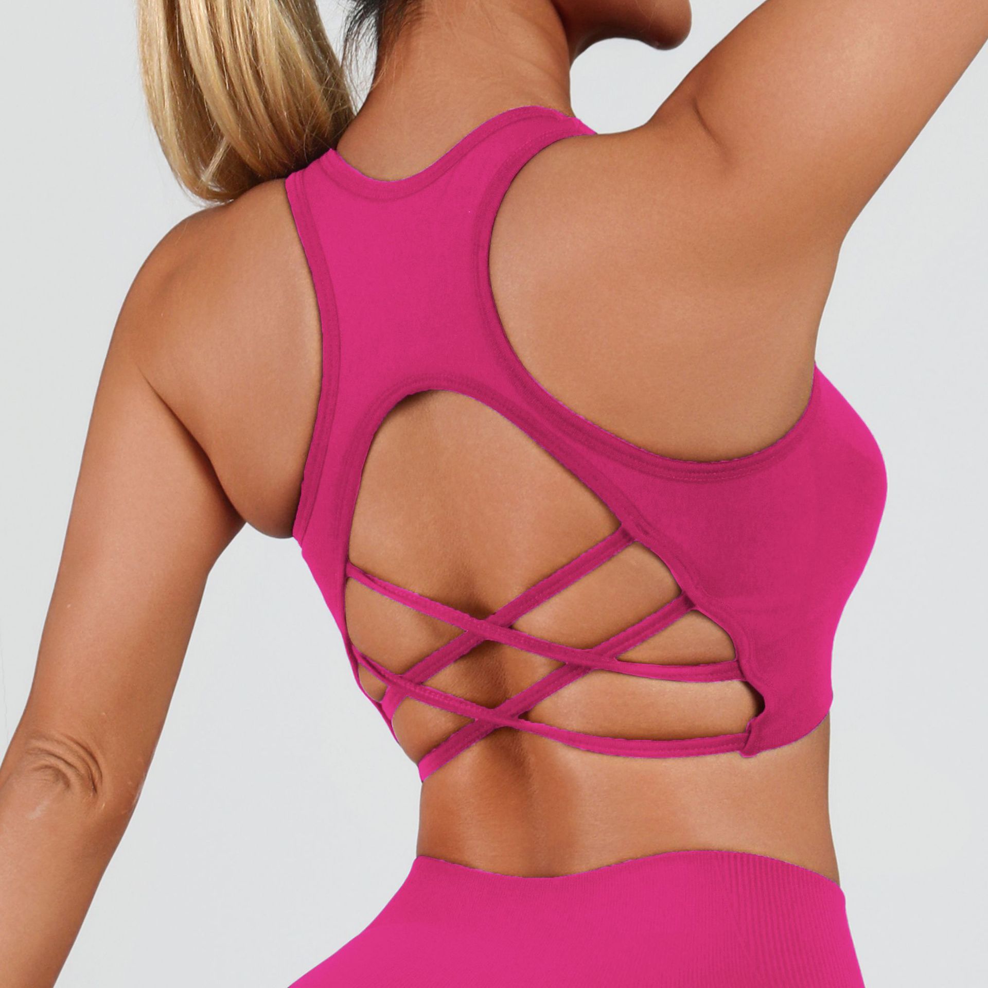 Amazon Cross Racer Beauty Back Sports Chaleco Sujetador de yoga sin costuras para mujer Reunir Fitness Chaleco con almohadilla para el pecho image 12
