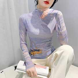 欧货欧货女装2024秋冬时尚洋气长袖高领网纱t恤女定位花上衣实拍