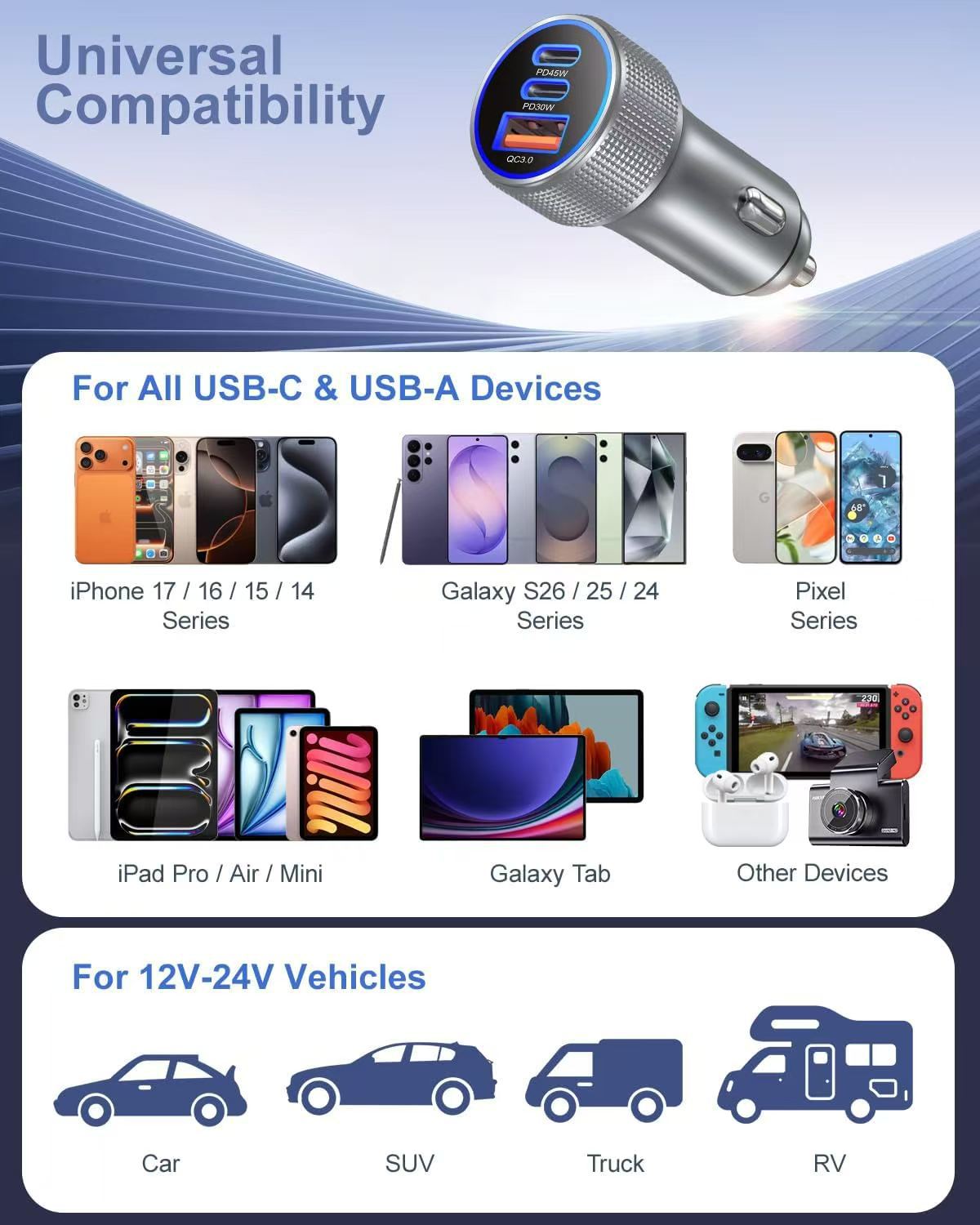 Cross-Border Popular Aluminum Alloy Car Charger A+C Super Fast Charging Qc3.0 Suitable for Apple Phones