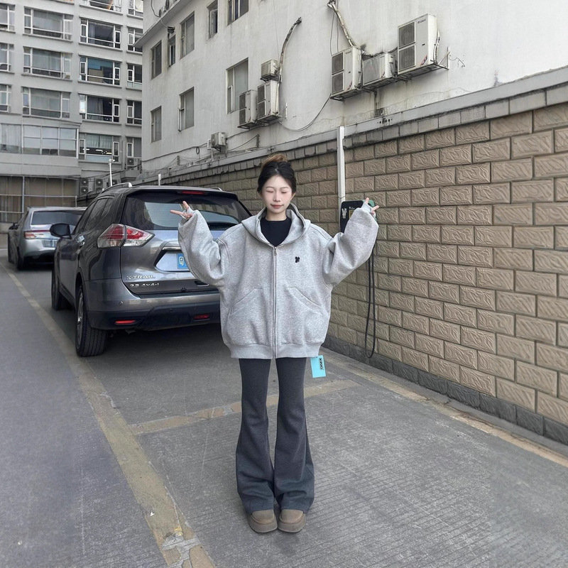 早秋韩系灰色连帽卫衣外套女秋季2025新款小个子宽松oversize上衣|undefined