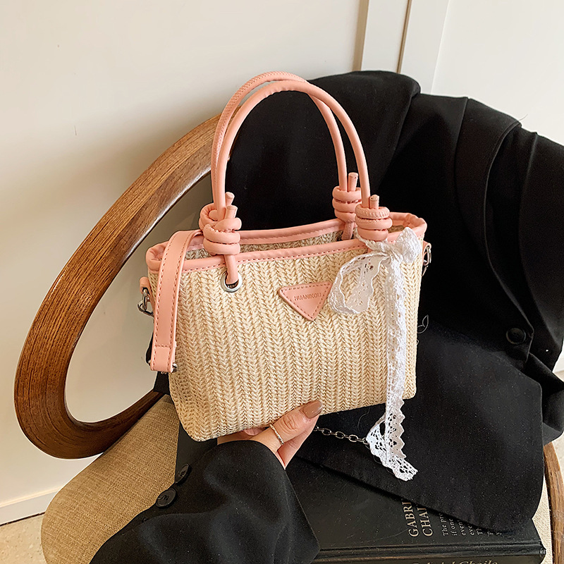 Bolsa de tela retro 2025, bolso de mano de paja de gran capacidad, nueva moda europea y americana, bolso de hombro empalmado
