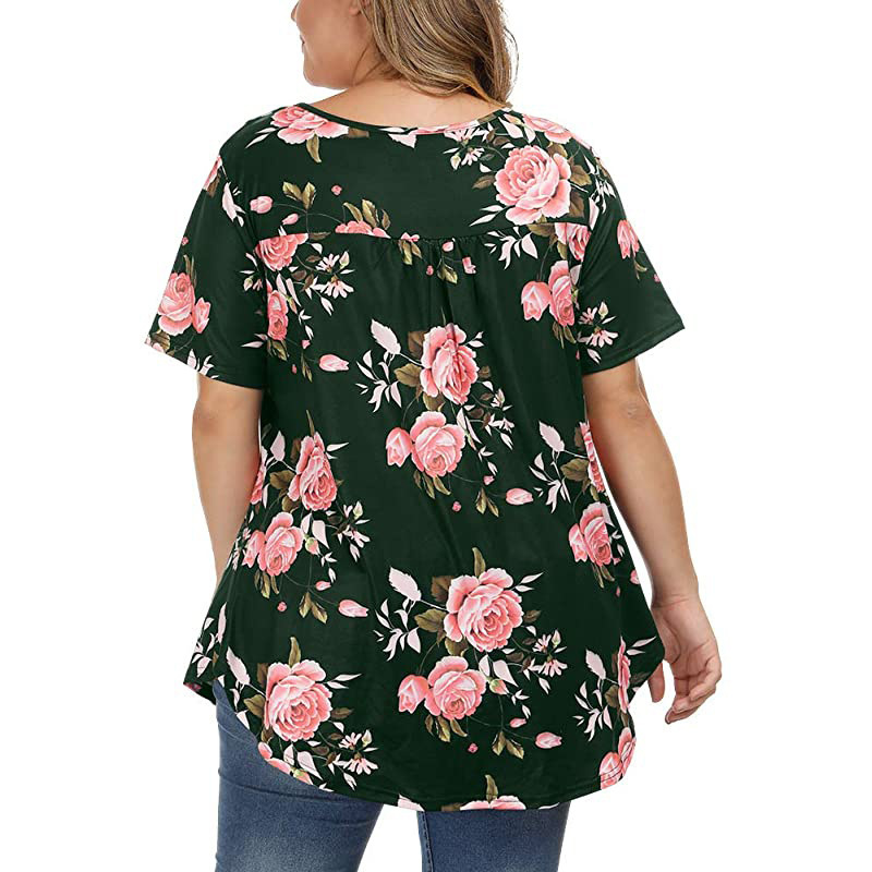 Camiseta holgada de manga corta con estampado de flores y botones de-Multicolor NSFH130971