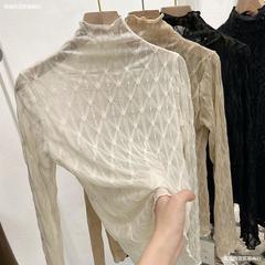 欧货洋气木耳边高领长袖蕾丝上衣女春秋薄款内搭网纱褶皱打底衫潮