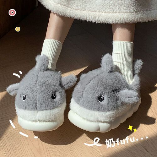 Cotton slippers, women's all-inclusive, shark, winter cold-proof, slip-resistant, velvet, indoor thick sole, warm cartoon, cotton shoes, men