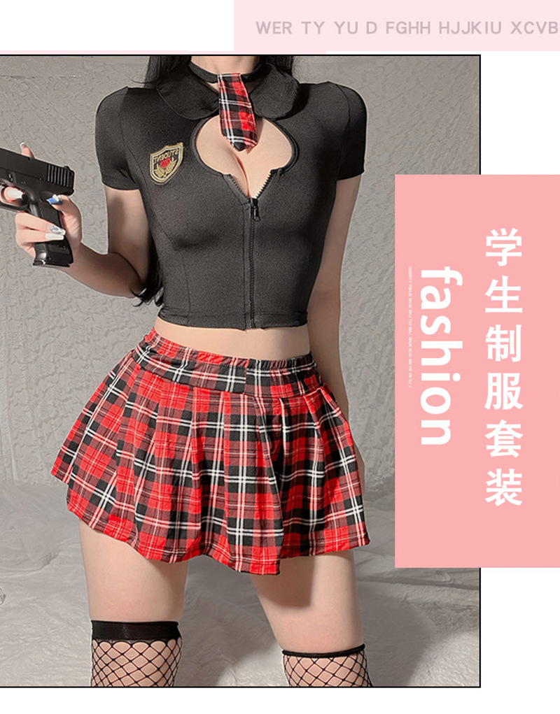 British College Style Student Uniform Costume Set with Plaid Skirt, Tie and Stockings — detail image 1